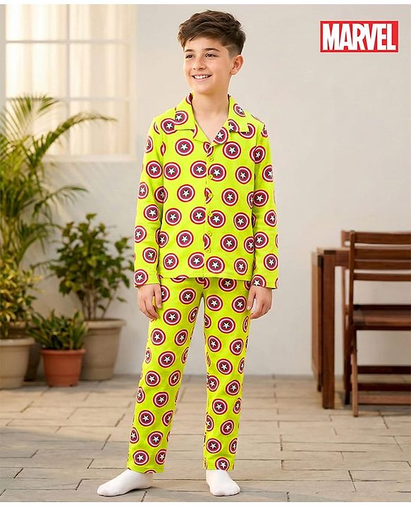 Pine Kids Marvel Single Jersey Knit Full Sleeves Co-ords Night Suit With Captain America Print - Light Green