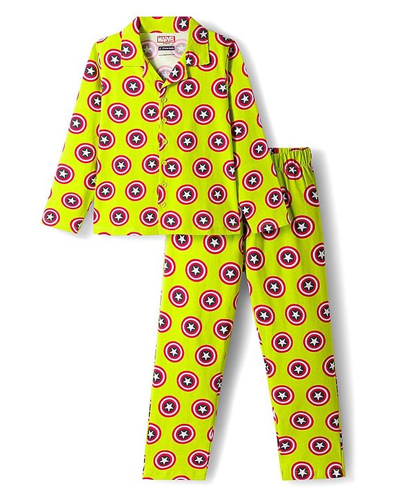 Pine Kids Marvel Single Jersey Knit Full Sleeves Co-ords Night Suit With Captain America Print - Light Green