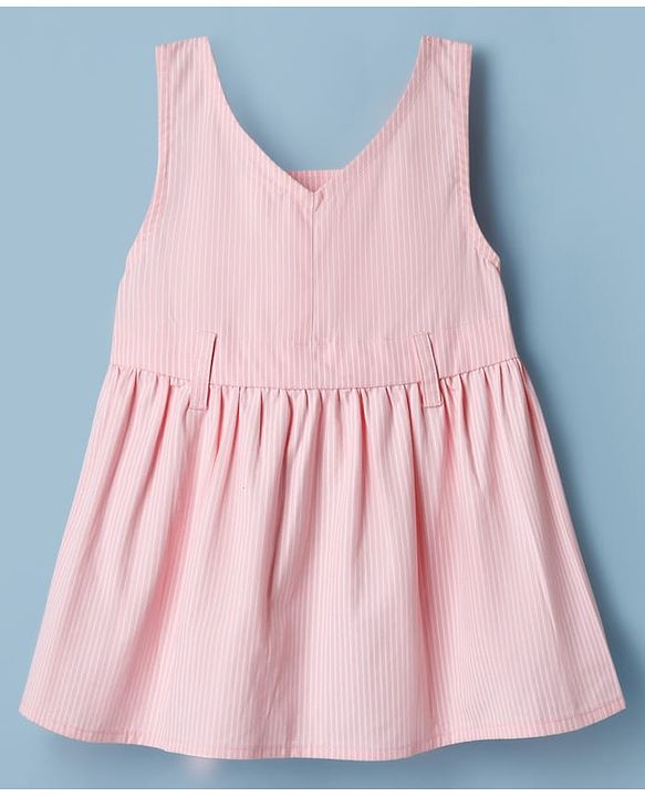 Babyhug 100% Cotton Woven Half Sleeves Knee Length Striped Frock With Inner Tee - Light Pink