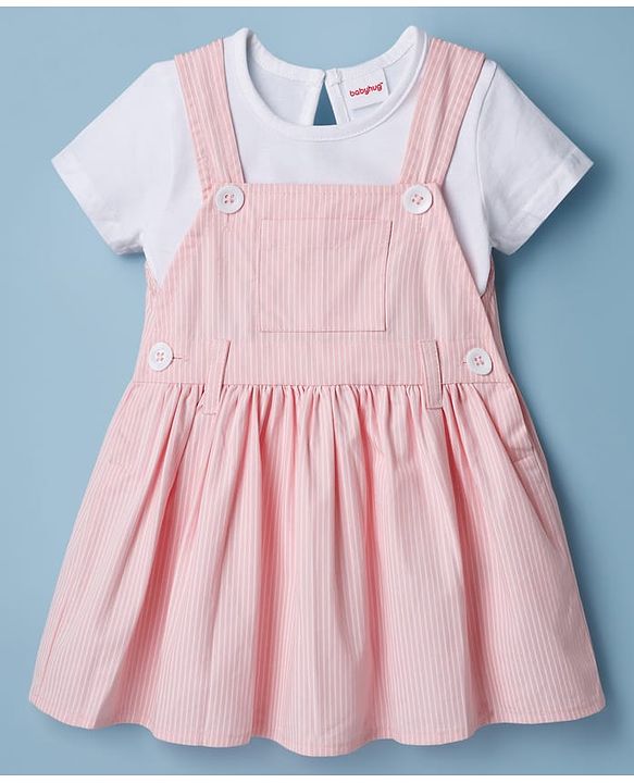 Babyhug 100% Cotton Woven Half Sleeves Knee Length Striped Frock With Inner Tee - Light Pink