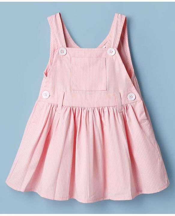Babyhug 100% Cotton Woven Half Sleeves Knee Length Striped Frock With Inner Tee - Light Pink