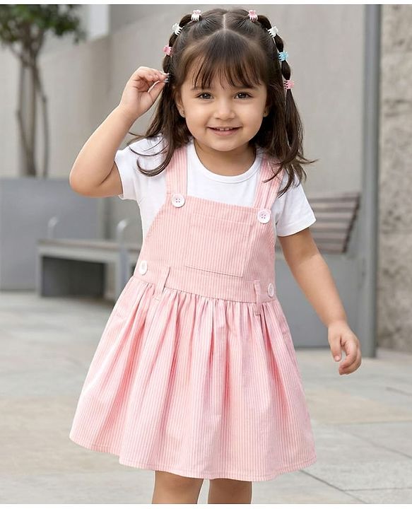 Babyhug 100% Cotton Woven Half Sleeves Knee Length Striped Frock With Inner Tee - Light Pink