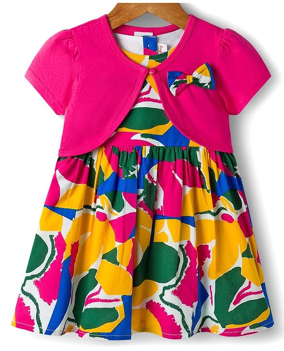 Babyhug 100% Cotton Woven Half Sleeves Abstract Printed Frock With Shrug - Multicolour