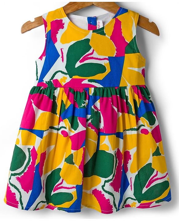 Babyhug 100% Cotton Woven Half Sleeves Abstract Printed Frock With Shrug - Multicolour