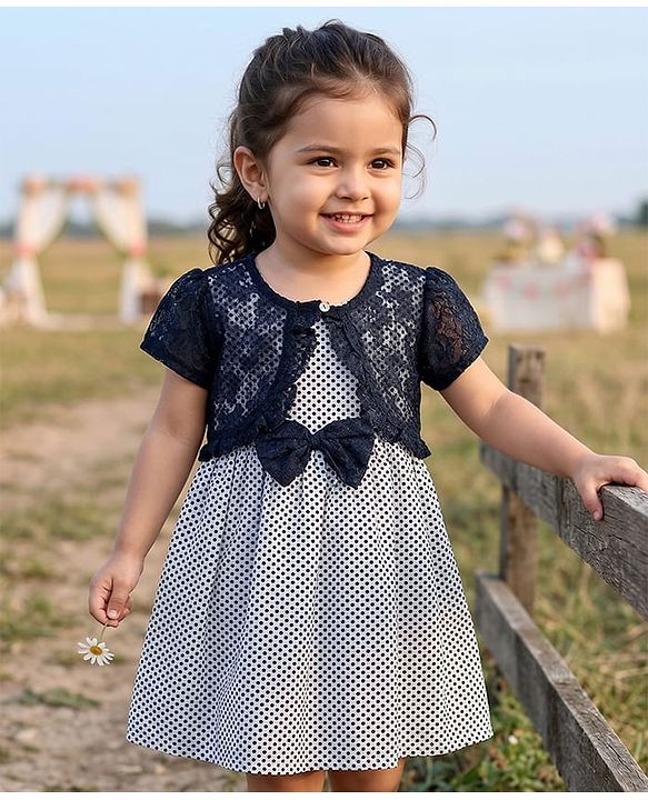 Babyhug Cotton Woven Frock & Half Sleeves Shrug With Polka Dot Print & Bow Applique - Navy Blue