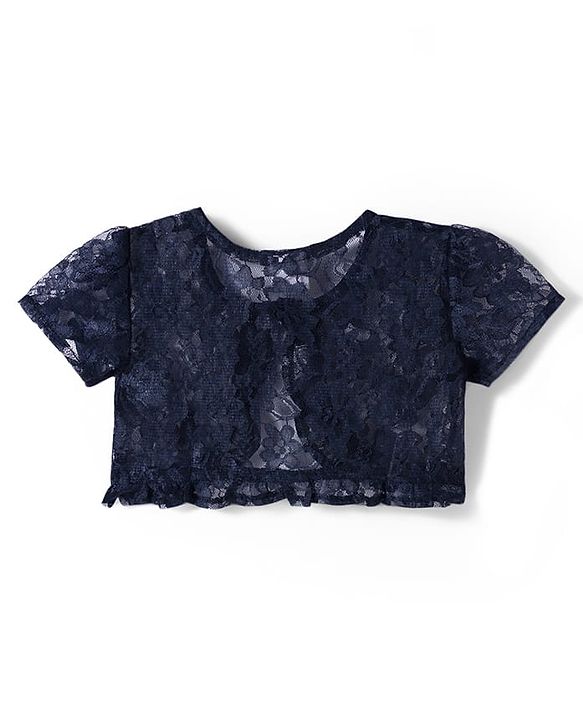 Babyhug Cotton Woven Frock & Half Sleeves Shrug With Polka Dot Print & Bow Applique - Navy Blue