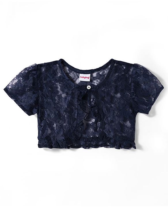 Babyhug Cotton Woven Frock & Half Sleeves Shrug With Polka Dot Print & Bow Applique - Navy Blue