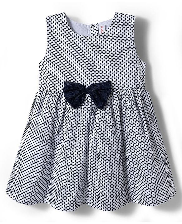 Babyhug Cotton Woven Frock & Half Sleeves Shrug With Polka Dot Print & Bow Applique - Navy Blue