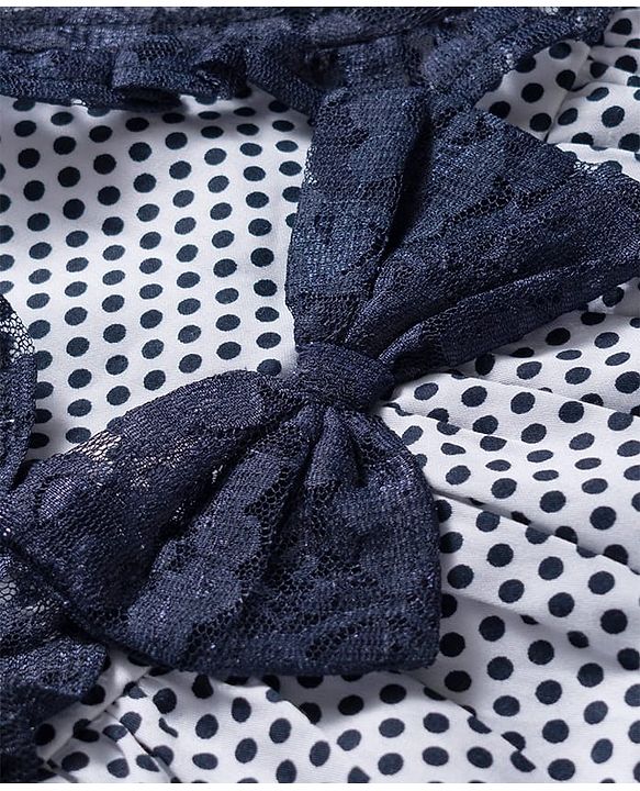 Babyhug Cotton Woven Frock & Half Sleeves Shrug With Polka Dot Print & Bow Applique - Navy Blue
