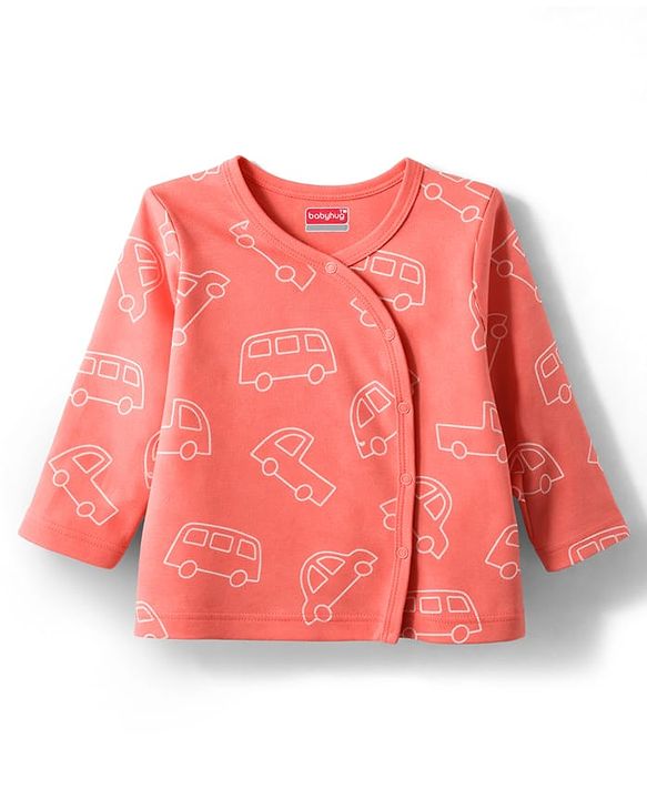 Babyhug 100% Cotton Knit Full Sleeves Striped Jhablas with Car Print Pack of 3 - Coral Light Green & White