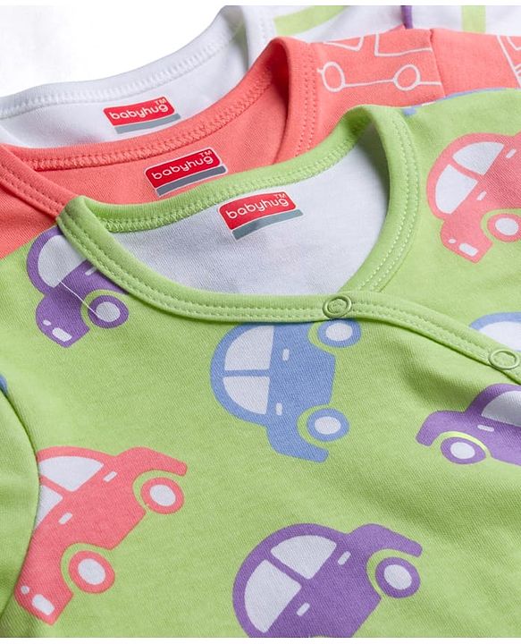 Babyhug 100% Cotton Knit Full Sleeves Striped Jhablas with Car Print Pack of 3 - Coral Light Green & White
