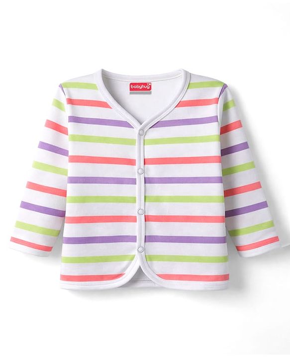 Babyhug 100% Cotton Knit Full Sleeves Striped Jhablas with Car Print Pack of 3 - Coral Light Green & White