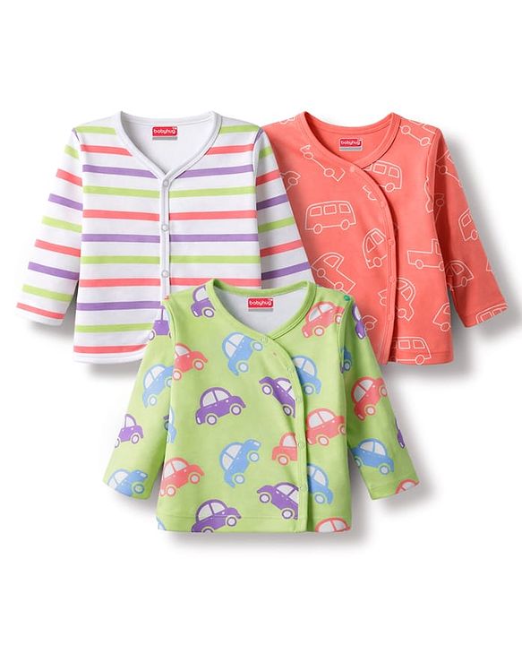 Babyhug 100% Cotton Knit Full Sleeves Striped Jhablas with Car Print Pack of 3 - Coral Light Green & White