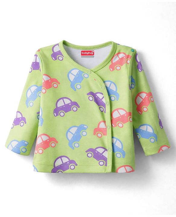 Babyhug 100% Cotton Knit Full Sleeves Striped Jhablas with Car Print Pack of 3 - Coral Light Green & White