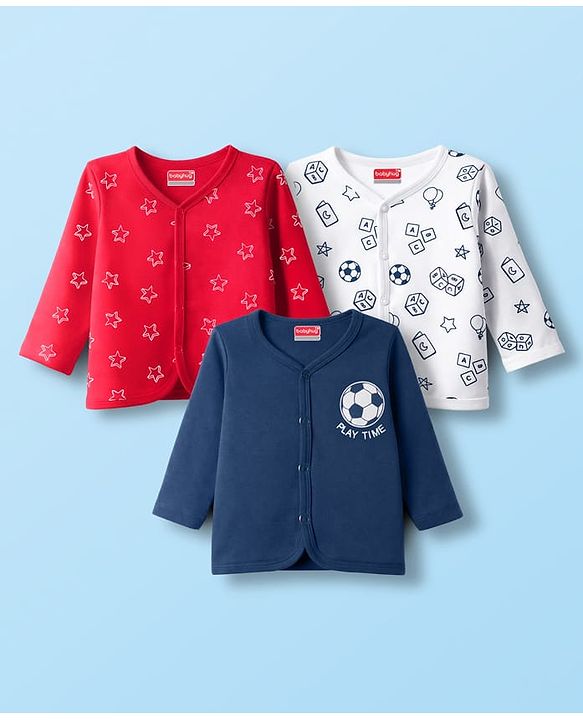 Babyhug 100% Cotton Knit Full Sleeves Jhablas with Ball & Star Print Pack of 3 - Navy Blue Red & White