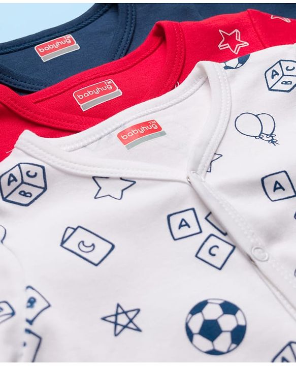 Babyhug 100% Cotton Knit Full Sleeves Jhablas with Ball & Star Print Pack of 3 - Navy Blue Red & White