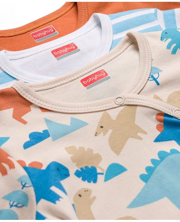 Babyhug 100% Cotton Knit Full Sleeves Jhablas with Dino Print & Stripes Pack of 3 - Multicolor