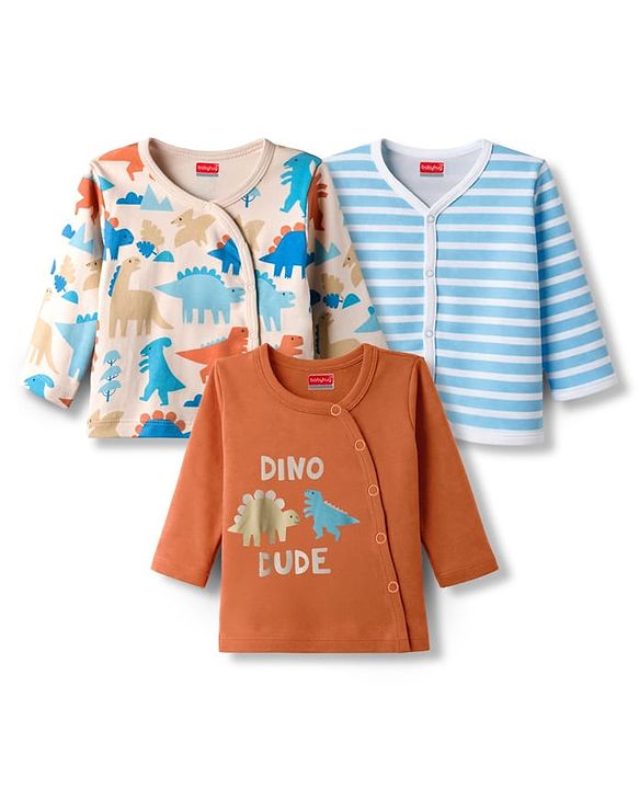 Babyhug 100% Cotton Knit Full Sleeves Jhablas with Dino Print & Stripes Pack of 3 - Multicolor