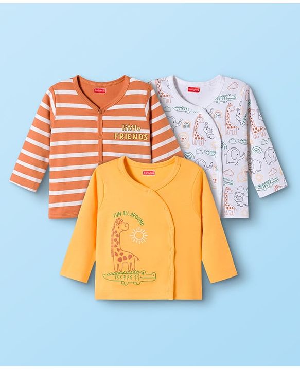 Babyhug 100% Cotton Knit Half Sleeves Jhablas With Animal Print Pack of 3 - Orange Yellow & White