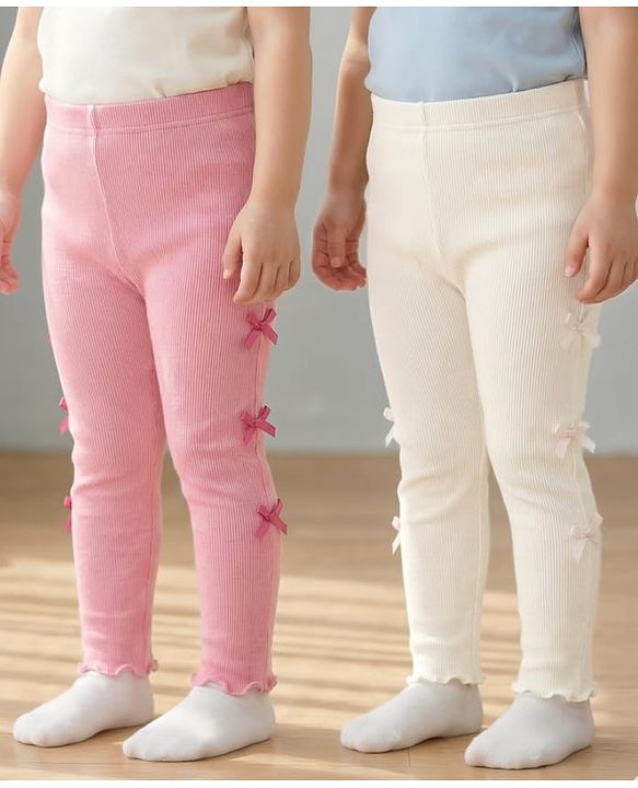 Babyhug Cotton Lycra Knit Full Length Solid Color Leggings with Bow Pack of 2 - Pink & White