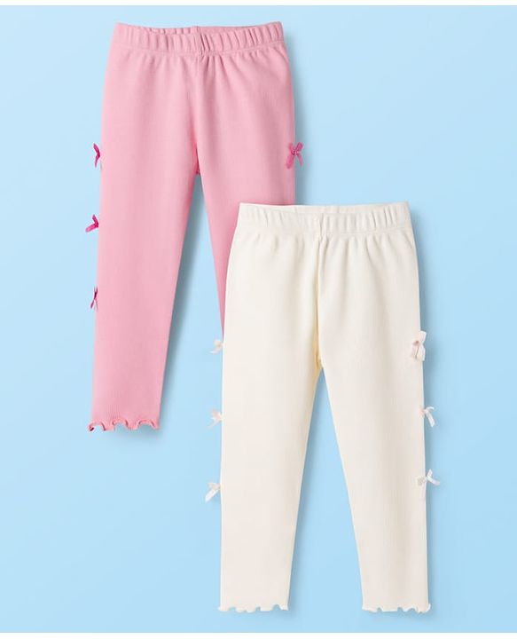 Babyhug Cotton Lycra Knit Full Length Solid Color Leggings with Bow Pack of 2 - Pink & White