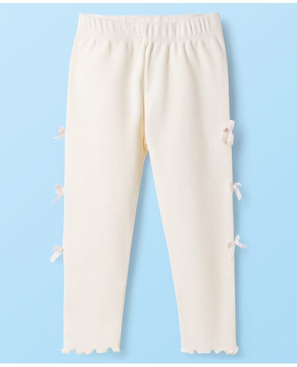 Babyhug Cotton Lycra Knit Full Length Solid Color Leggings with Bow Pack of 2 - Pink & White