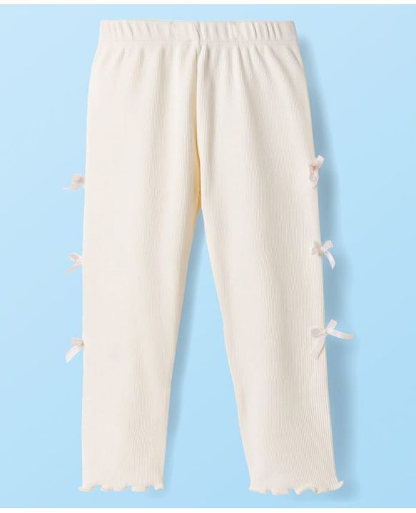 Babyhug Cotton Lycra Knit Full Length Solid Color Leggings with Bow Pack of 2 - Pink & White