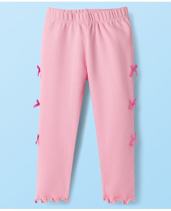 Babyhug Cotton Lycra Knit Full Length Solid Color Leggings with Bow Pack of 2 - Pink & White