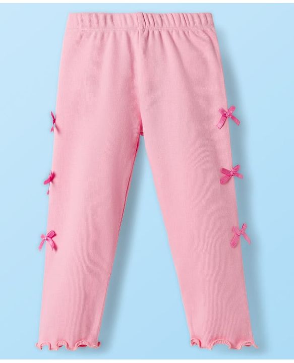 Babyhug Cotton Lycra Knit Full Length Solid Color Leggings with Bow Pack of 2 - Pink & White
