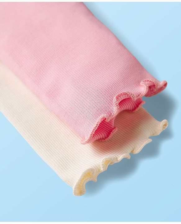 Babyhug Cotton Lycra Knit Full Length Solid Color Leggings with Bow Pack of 2 - Pink & White