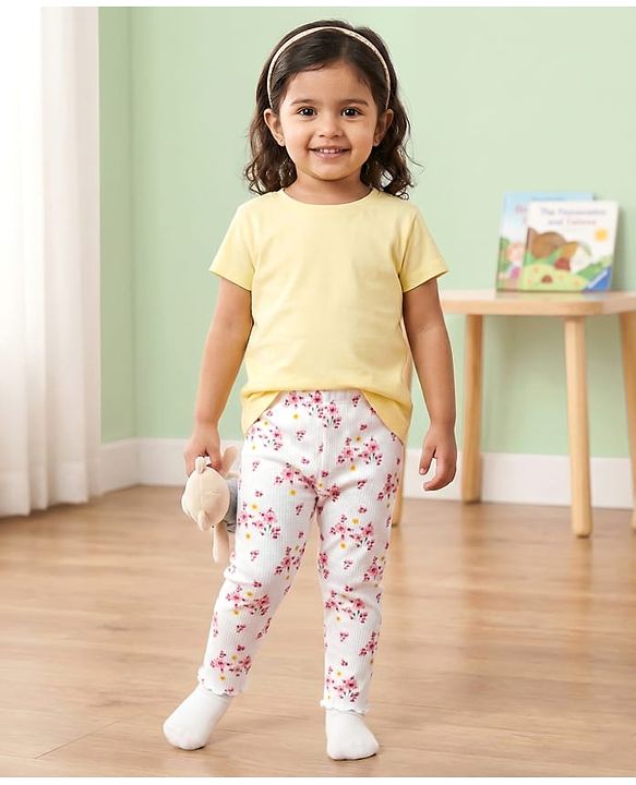 Babyhug Cotton Lycra Knit Full Length Leggings With Floral Print - White