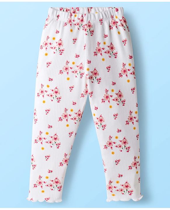 Babyhug Cotton Lycra Knit Full Length Leggings With Floral Print - White