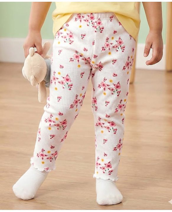 Babyhug Cotton Lycra Knit Full Length Leggings With Floral Print - White