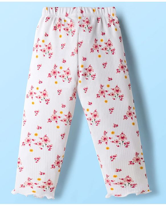 Babyhug Cotton Lycra Knit Full Length Leggings With Floral Print - White