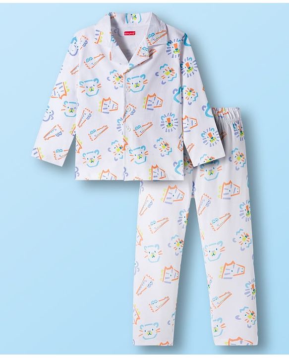 Babyhug Cotton Knit Full Sleeves Co-ords Night Suit With Cat Print - White
