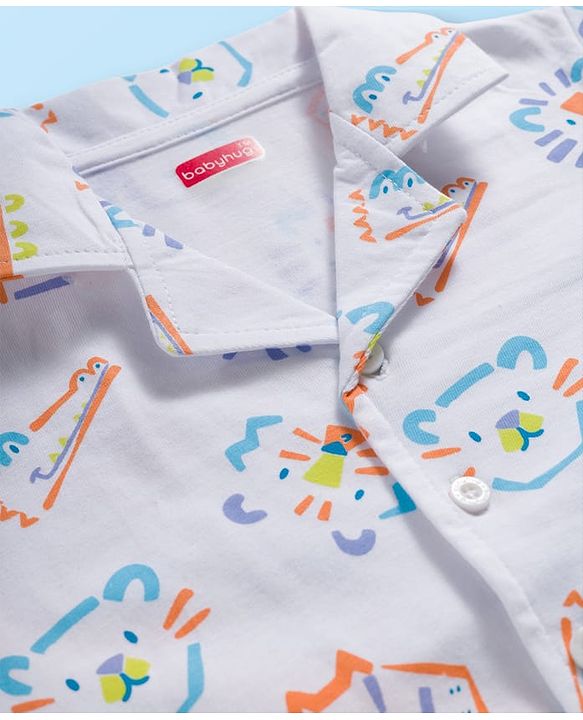 Babyhug Cotton Knit Full Sleeves Co-ords Night Suit With Cat Print - White