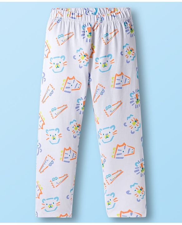 Babyhug Cotton Knit Full Sleeves Co-ords Night Suit With Cat Print - White