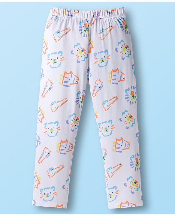 Babyhug Cotton Knit Full Sleeves Co-ords Night Suit With Cat Print - White