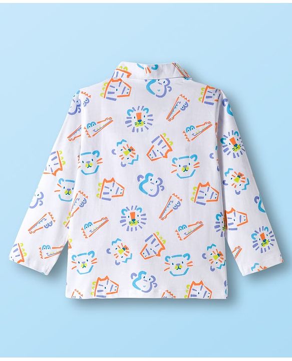 Babyhug Cotton Knit Full Sleeves Co-ords Night Suit With Cat Print - White