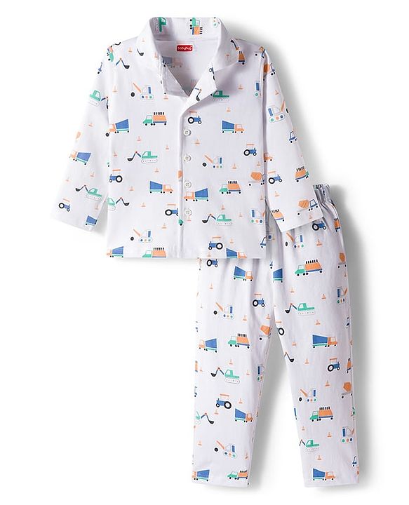 Babyhug Cotton Knit Full Sleeves Co-ords Night Suit With Vehicle Print - White