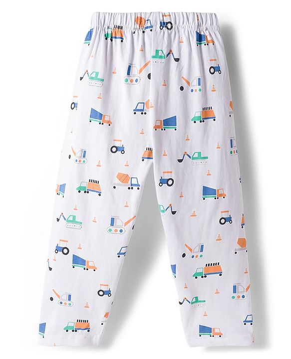 Babyhug Cotton Knit Full Sleeves Co-ords Night Suit With Vehicle Print - White