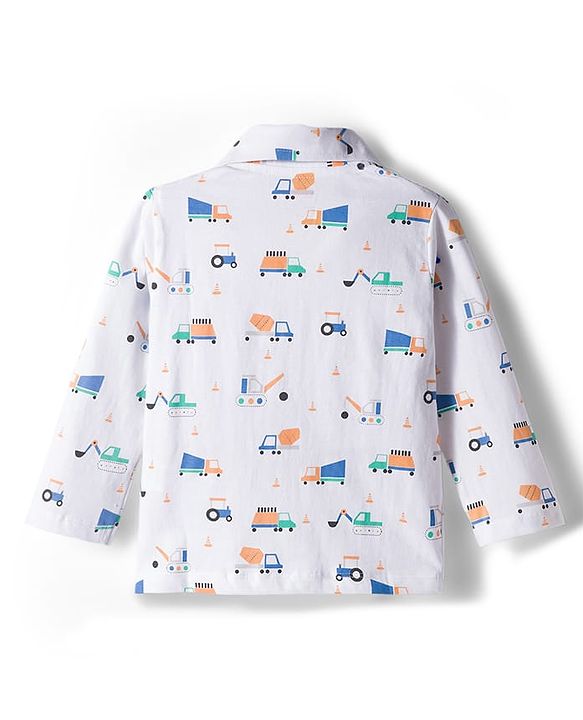Babyhug Cotton Knit Full Sleeves Co-ords Night Suit With Vehicle Print - White