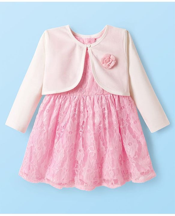 Babyhug Cotton Woven Frock & Full Sleeves Shrug With Floral Applique