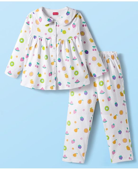 Babyhug Cotton Knit Full Sleeves Co-ords Night Suit With Floral Print - White