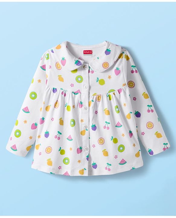 Babyhug Cotton Knit Full Sleeves Co-ords Night Suit With Floral Print - White