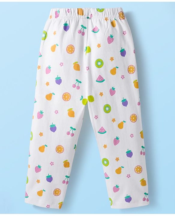 Babyhug Cotton Knit Full Sleeves Co-ords Night Suit With Floral Print - White
