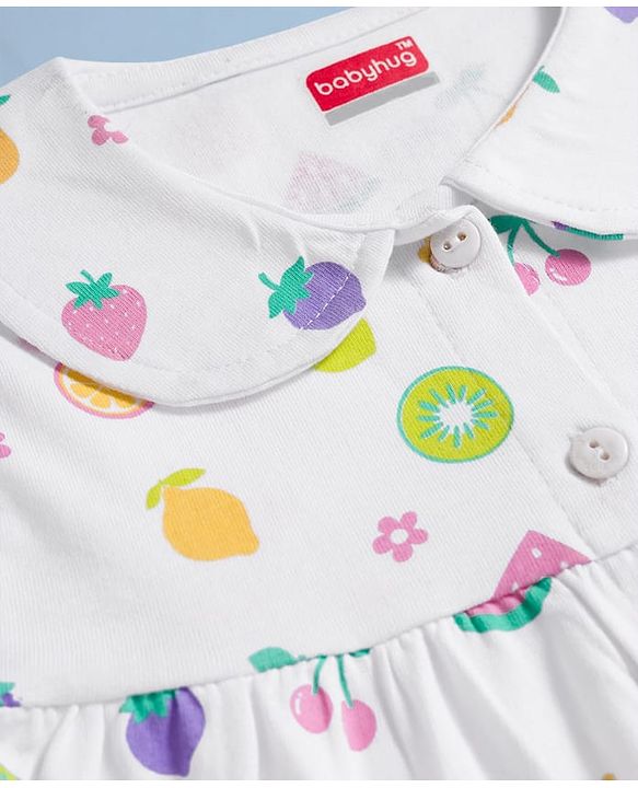 Babyhug Cotton Knit Full Sleeves Co-ords Night Suit With Floral Print - White