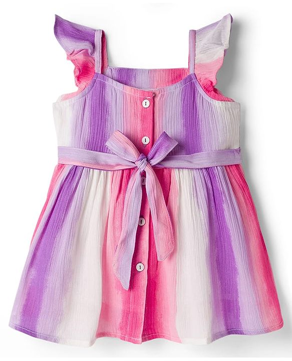 Babyhug Cotton Woven Sleeveless Striped Frock With Belt - Multicolor