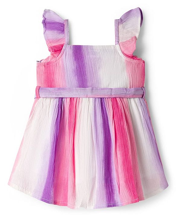 Babyhug Cotton Woven Sleeveless Striped Frock With Belt - Multicolor