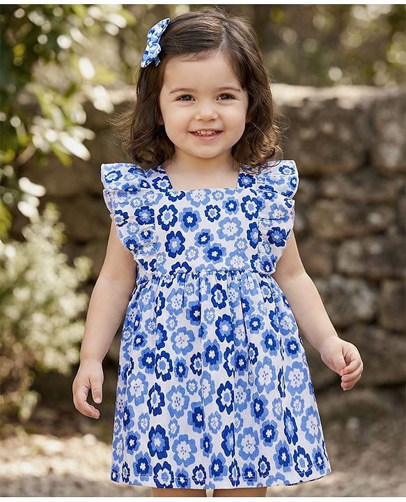 Babyhug Knit Frill Sleeves Frock With Floral Print - White